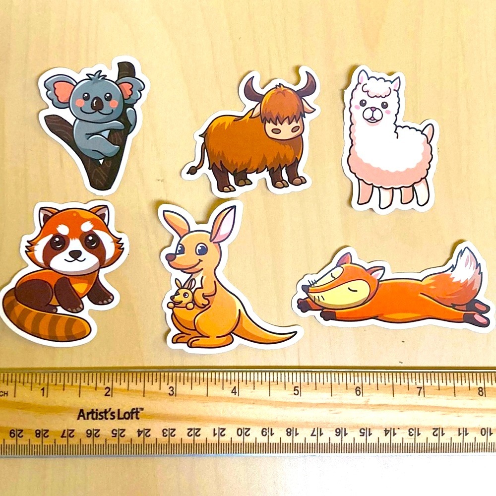 10/$10 or $1 BUNDLE: 6 WATERPROOF‎ Chill Friends Stickers  🐨 🦘 🦊 🦙
